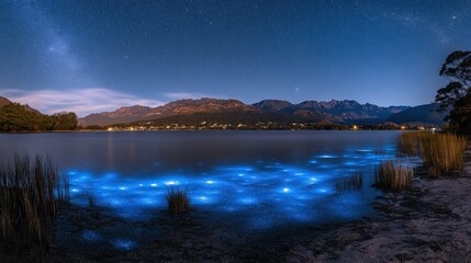 Fototapeta premium A serene night sky with a starry Milky Way above a calm lake illuminated by bioluminescent plankton.