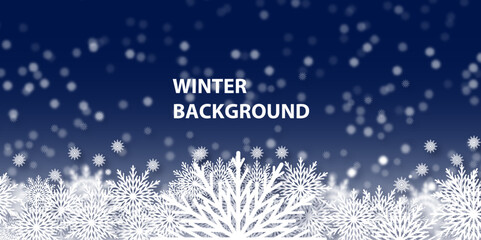 Blue winter background with snow and snowflackes. Abstract winter background with snowflake. Illustration. Vector. Winter. 