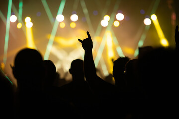 Crowd at concert and colorful stage lights.