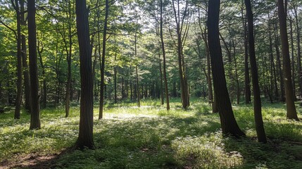 Sunlight streams through the trees in a dense forest, illuminating the green undergrowth.