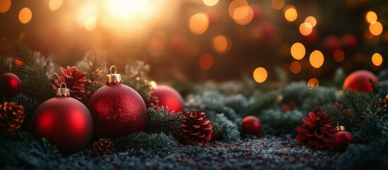 Christmas red ornaments close up, bokeh background. Merry Christmas and Happy Holidays greeting card, frame, banner. New Year. Noel. Winter xmas theme.	
