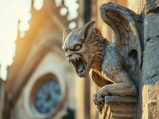 Gargoyle Statue with Open Mouth on Gothic Cathedral, Iconic Mythical Creature in Stone Architecture
