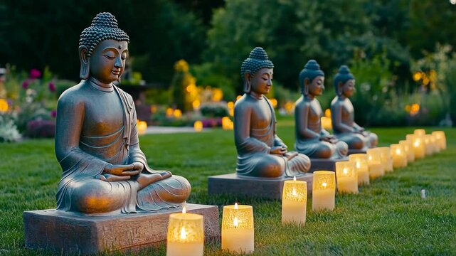 A row of Buddha statues sits in a serene garden, surrounded by flickering candlelight