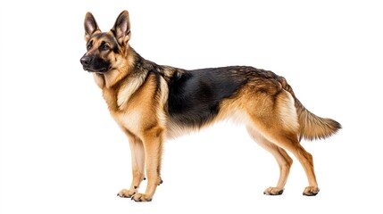 Alert German Shepherd dog standing side view on white background