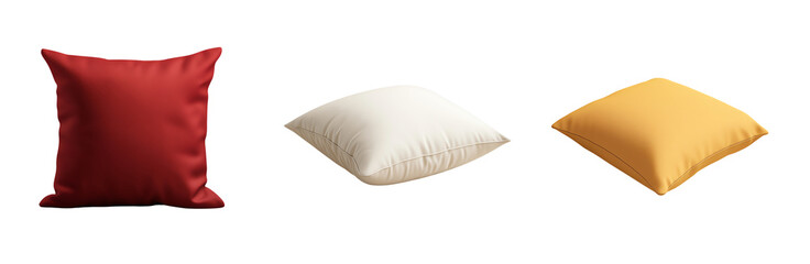 Three elegant pillows in red, white, and yellow, arranged artistically against a white background. transparent background
