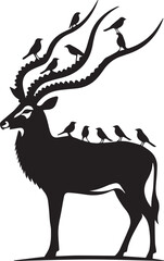 Obraz premium Antelope silhouette with tiny bird silhouettes sitting on the horns