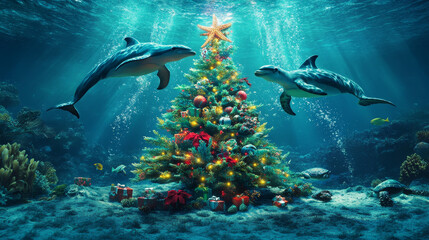 Fototapeta premium Magical Underwater Christmas with Dolphins, Coral Tree, and Deep-Sea Santa