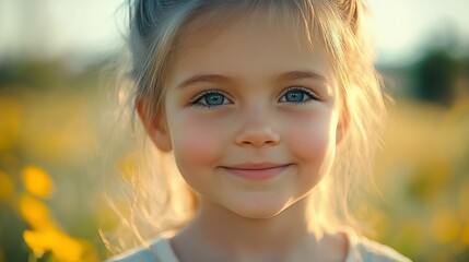 Fototapeta premium Close-up portrait of a smiling little girl with blonde hair and blue eyes in a field of yellow flowers.