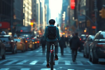 Naklejka premium cyclist in helmet and with black backpack rides a bicycle through streets of huge metropolis, people walk along sidewalks, cars drive on road in both directions