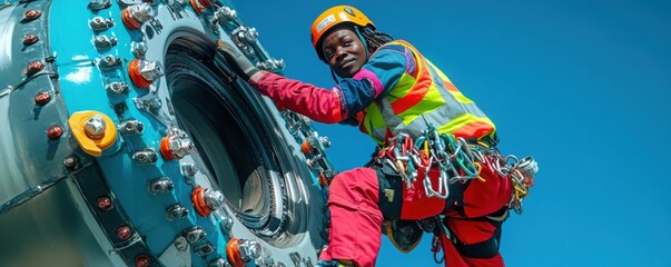 Skilled Worker Performing Safety Procedures on Industrial Equipment Under Clear Blue Sky in Bright Work Gear Highlighting Safety Practices