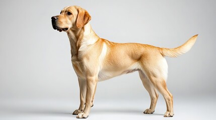 Stately Labrador retriever stands alert on gray background