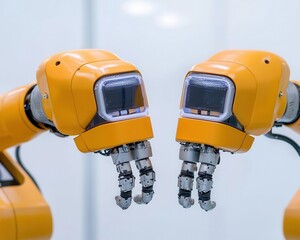 A team of engineers testing and calibrating industrial robots for optimal functionality and safety