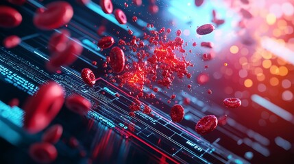 A vivid depiction of red blood cells in a digital landscape, blending biological and technological elements in dynamic motion.