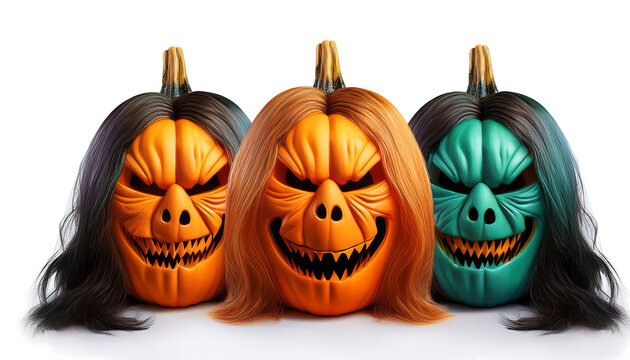  Colorful pumpkin faces with creepy expressions are set against a transparent background_1(413)