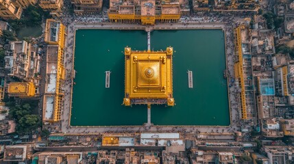 An aerial top view of a golden temple Amritsar, Punjab, India surrounded by a pond, with people walking around.