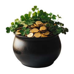 Black pot filled with gold coins and shamrock leaves, on a green background. PNG transparent.