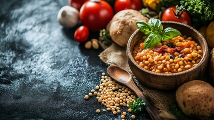 Fototapeta premium A rustic wooden bowl filled with lentil soup, surrounded by fresh vegetables and ingredients on a dark textured background.