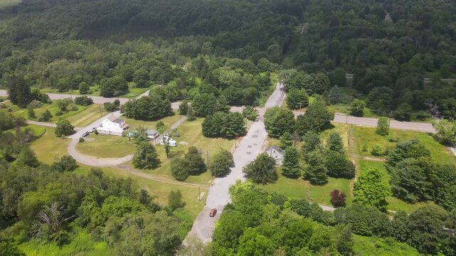 Aerial landscape during summer of green abandoned coal town Centralia Appalachia Pennsylvania