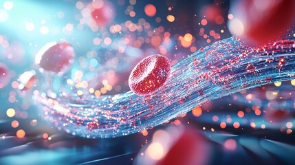 A vibrant, futuristic depiction of red blood cells flowing along a digital pathway, showcasing a blend of science and technology.