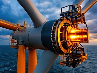 Close-Up of an Offshore Wind Turbine's Gearbox with Vibrant Sunset Over Ocean, Showcasing Renewable Energy Technology and Innovation in Marine Environment