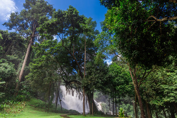 Abstract blurred background of a stream flowing rapidly from rocks in a deep forest, natural waterfalls that occur naturally during the rainy season, the completeness of the ecosystem, fresh air.