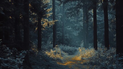 Fototapeta premium A narrow path winds through a dense, misty forest, illuminated by the soft light of dawn.