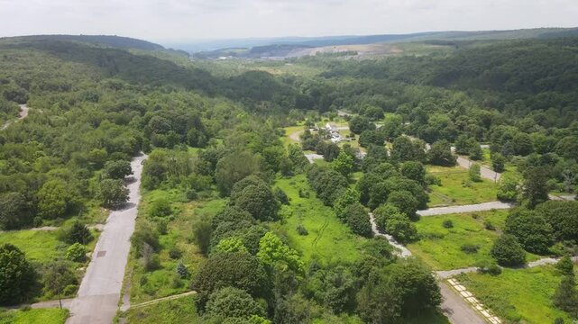 Aerial landscape during summer of green abandoned coal town Centralia Appalachia Pennsylvania