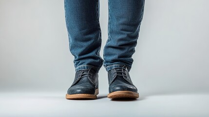 Close-up of blue jeans and black leather shoes.