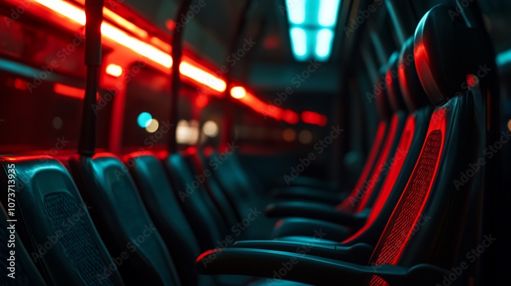 Poster empty seats on a public bus illuminated by red and blue lights.