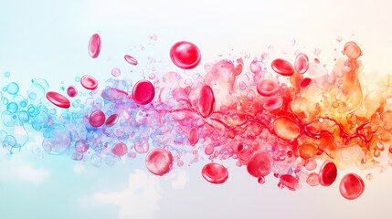 A vivid illustration of flowing colors and shapes resembling blood cells in a dynamic and artistic abstract background.