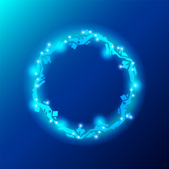 A glowing circular futuristic design on a blue background. The circle features interconnected angular shapes with small bright spots, exuding a techy, sci-fi aesthetic. Vector illustration
