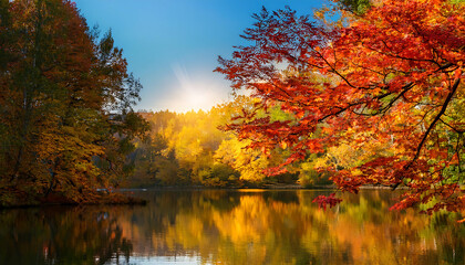 Colorful autumn leaves reflected in still lake water create a serene and idyllic scenery pe_1(401)