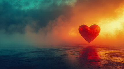 Floating red heart over calm water at sunset in tranquil landscape concept