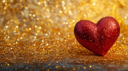 Obraz premium Glittering red heart ornament on sparkling gold background