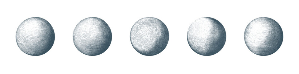 Abstract 3D Spheres with Different Hand Drawn Etching Vector Set Isolate on White Background. Vintage Style Handdrawn Engraving Circles Cut Out Clip Art Bundle. Blue Ink Hatching Art Illustration