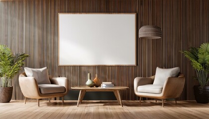 Blank poster mockup in a modern living room with wooden walls and armchairs. 3D Rendering