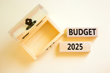 Planning budget 2025 new year symbol. Concept words Budget 2025 on beautiful wooden blocks. Beautiful white background. Wooden empty chest. Business budget 2025 new year concept. Copy space.