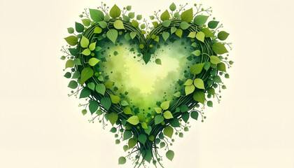 Heart-shaped design made of lush green leaves and branches on a light background