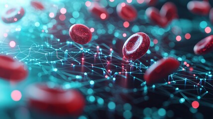 A visualization of red blood cells amidst a digital network, illustrating the intersection of biology and technology.