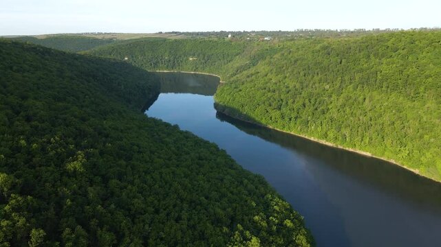Aerial drone footage of green hills on the Parana River, Teju Cuare Park, Argentina
