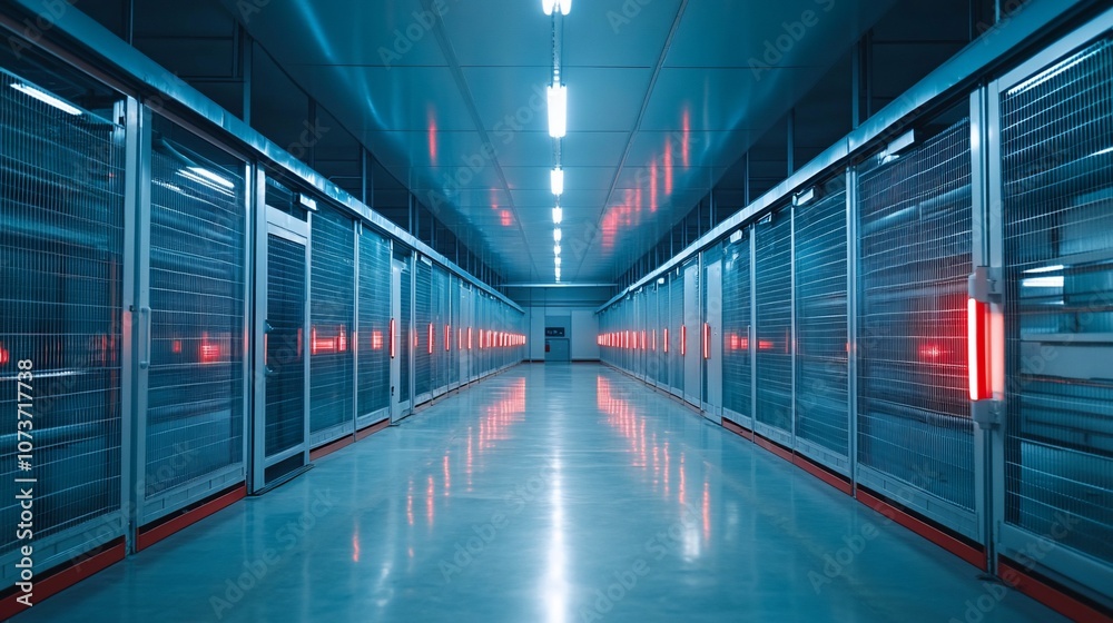Poster Long hallway with rows of server racks in a data center.