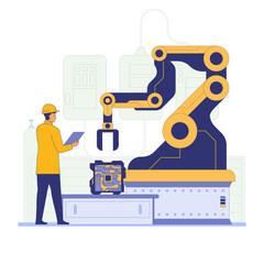 A worker in a yellow hard hat operates a robotic arm in an industrial setting. The robotic arm is handling a circuit board. The background includes machinery and control panels. Vector illustration.