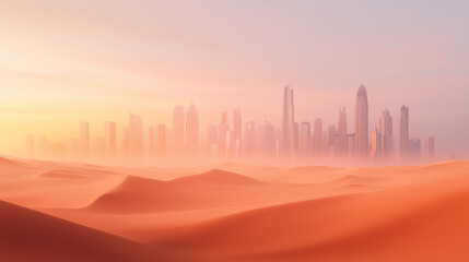 A skyline of modern architecture rises above sandy dunes at sunset in a tranquil desert