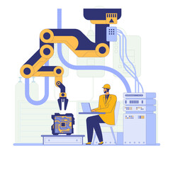 A worker in a yellow hard hat operates a robotic arm in an industrial setting. The robotic arm is handling a circuit board. The background includes machinery and control panels. Vector illustration.