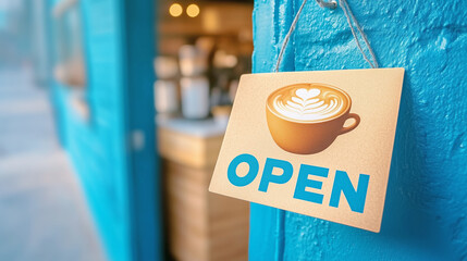 A welcoming open sign hangs on a vibrant blue wall of a coffee shop during the morning hours