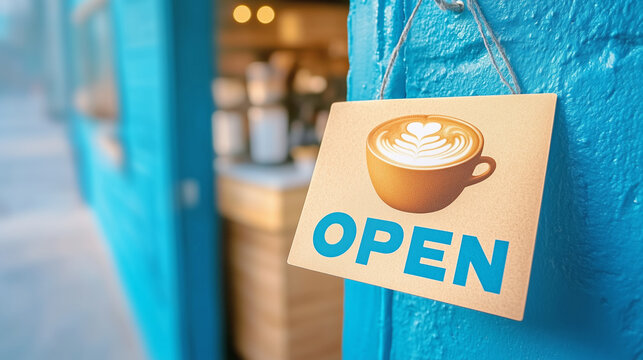 A welcoming open sign hangs on a vibrant blue wall of a coffee shop during the morning hours - Powered by Adobe
