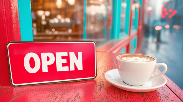 Cozy cafe in a vibrant city welcomes customers with an open sign and a cup of steaming coffee