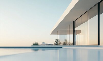 Minimalist modern home with a swimming pool and large windows overlooking the ocean.