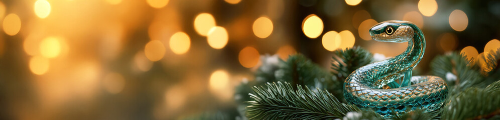 Fototapeta premium Green glass snake sits on pine branches with Christmas lights in the background. Left side is blank for text. Scene includes red ornaments, soft snow, and holiday glow on pine needles. Greeting card