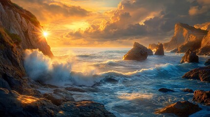 Dramatic sunset over a rocky coastline with crashing waves.